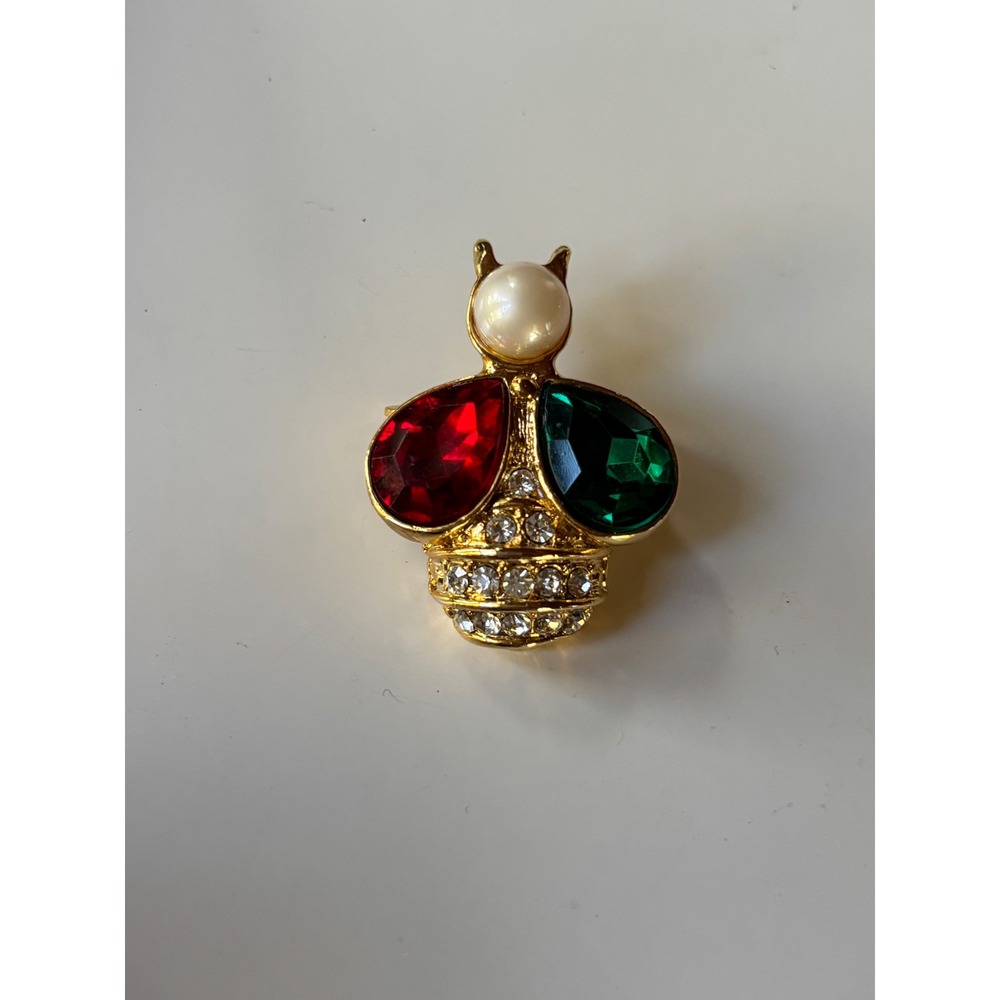 Gold Tone Bee Brooch Faux Pearl Red Green Crystal Rhinestone Insect Pin